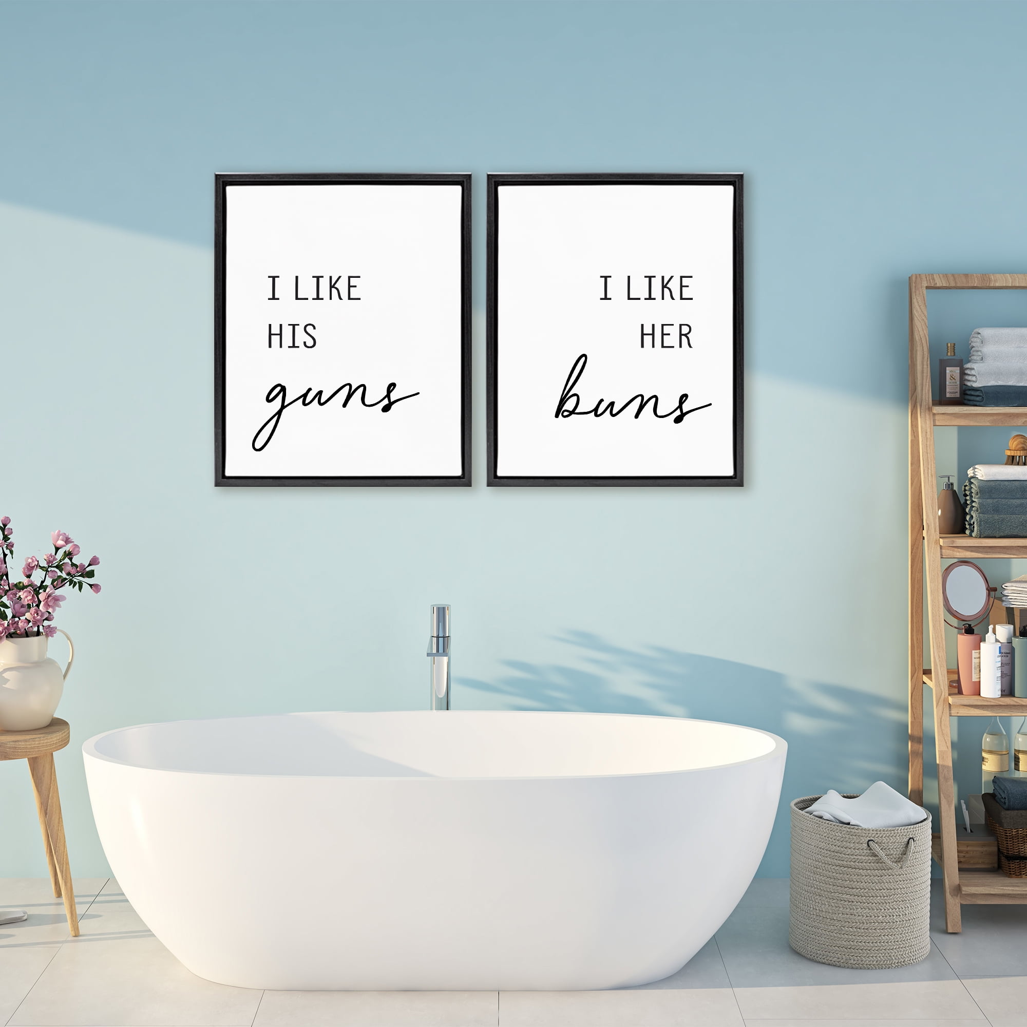 Like His Guns & Her Buns 2 Piece Black Framed Floater Canvas Set, design by Lettered and Lined