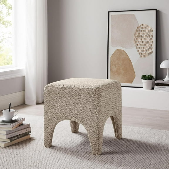 17" Boucle Modern Square Foot Stool Ottoman, Vanity Stool for Makeup, Rectangle Foot Rest for Couch, Upholstered Ottoman Stool for Living Room, Bedroom, Entryway (1, Camel)