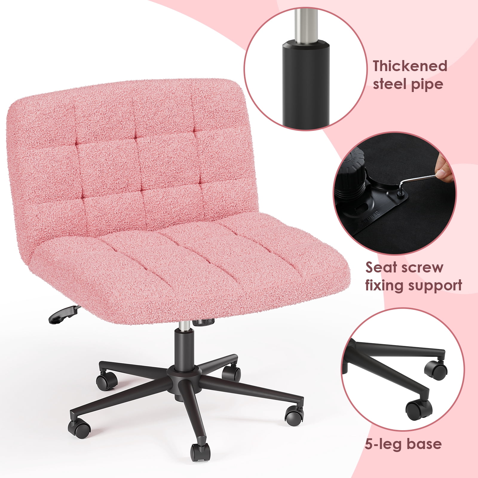 Pirecart Swivel Criss Cross Legged Office Chair, Armless Desk Chair with Wheels, Height Adjustable Vanity Chair with Comfy Cushion for Office, Vanity, Bedroom, Sherpa Fleece, Pink