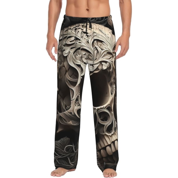 Fotbe Vintage Pattern Flower Skull Pantalones de Pijama para Hombre, Pantalones de Dormir, Pantalones de Casa con Cintura Ajustable y Bolsillos-Small