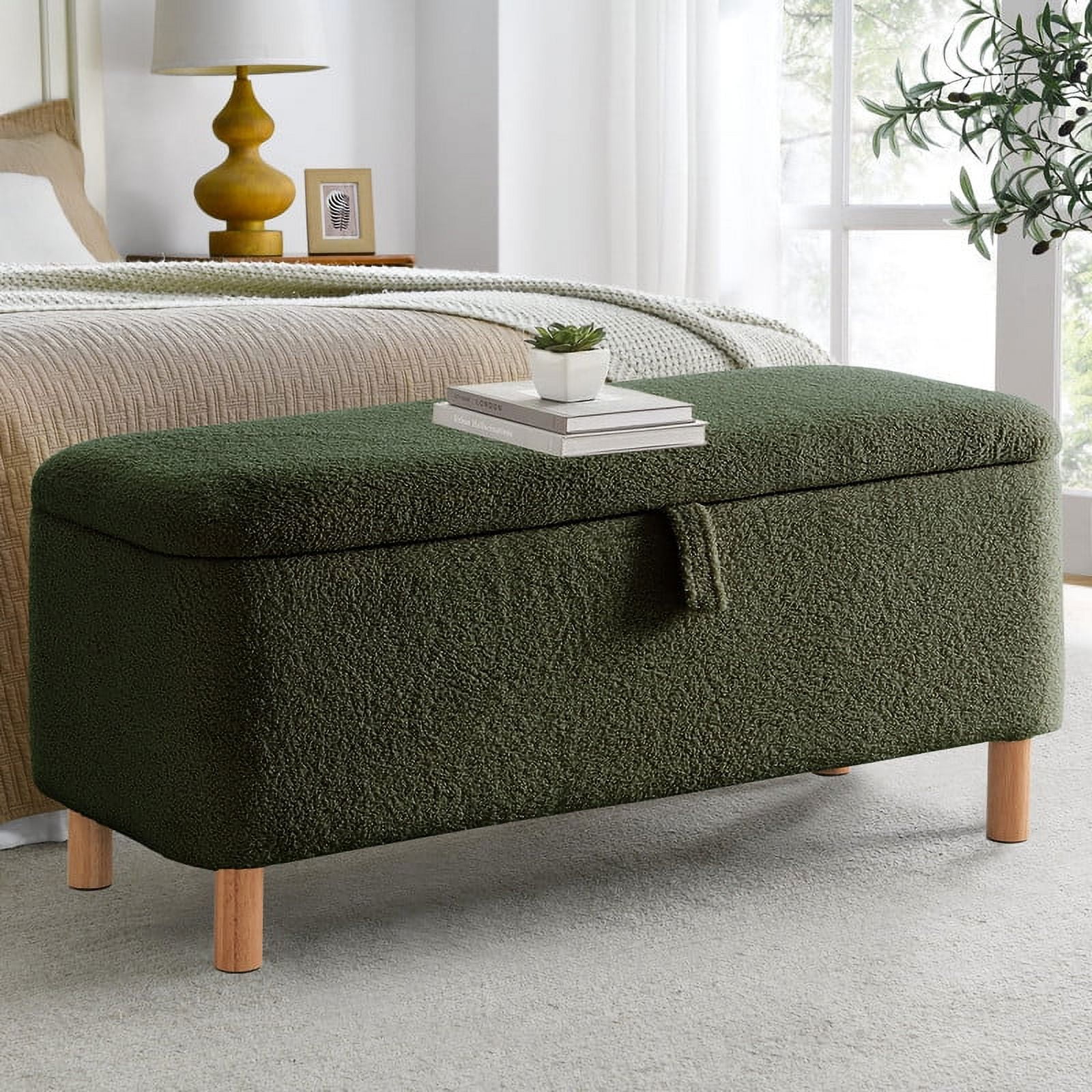 39.5" Boucle Storage Ottoman Bench for Living Room Bedroom Foot Rest End of Bed Wood Leg Green