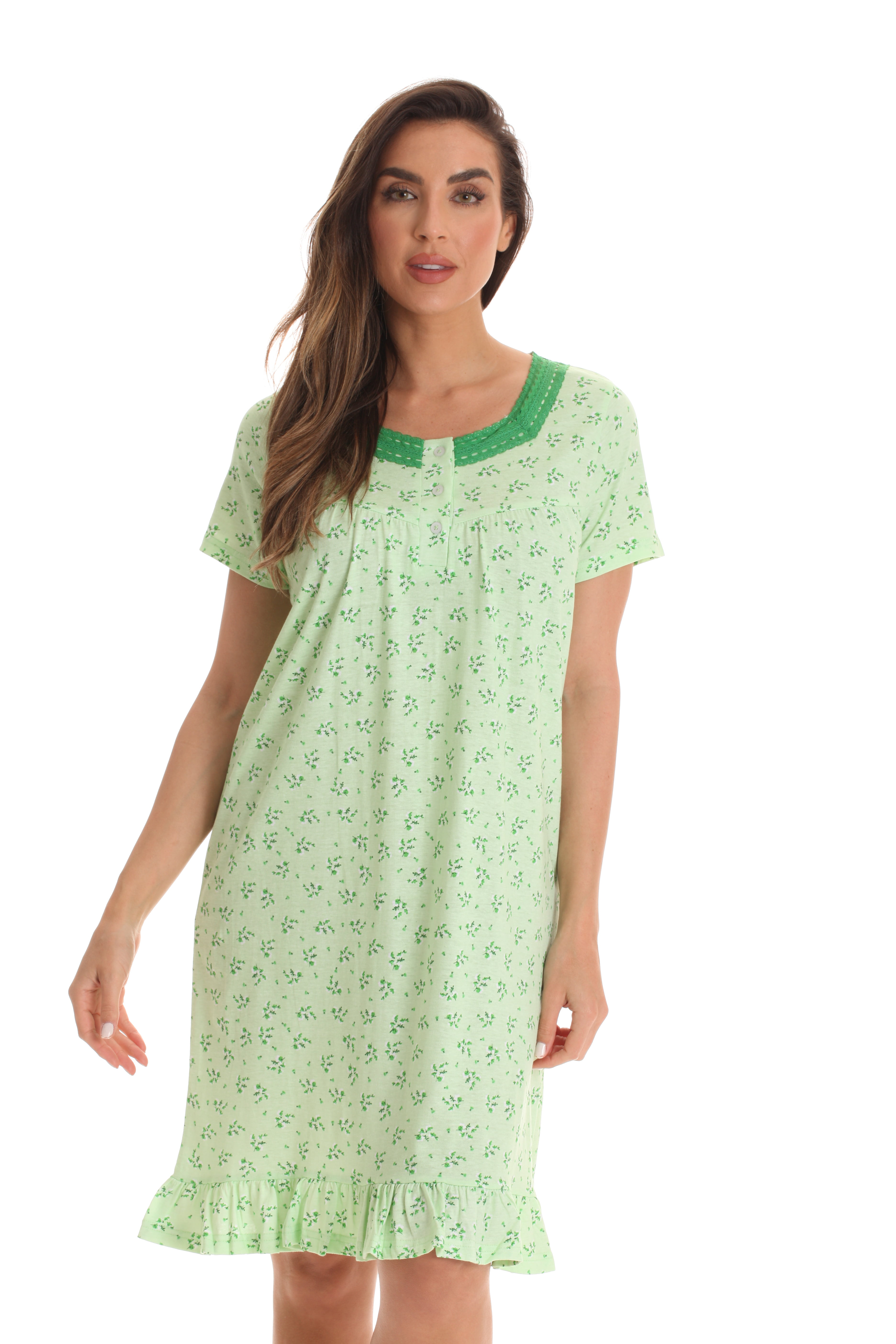 Women Long Nightdress Lace 100% Cotton 3/4 Sleeve Nightgowns Sleepwear M to XXXL
