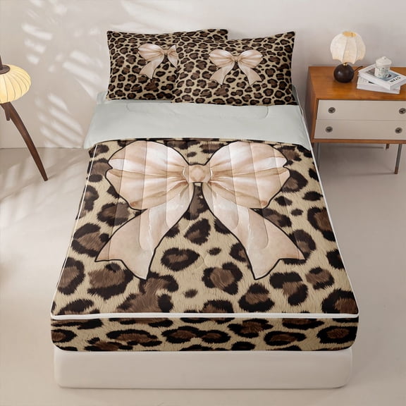 Homewish Chic Leopard Print Zipper Twin Comforter Sets with Fitted Sheet and 2 Pillowcases,Light Brown Bowknot Print Zipper Bedding Set For Bow Lovers,Lightgray Reversible,4-Piece