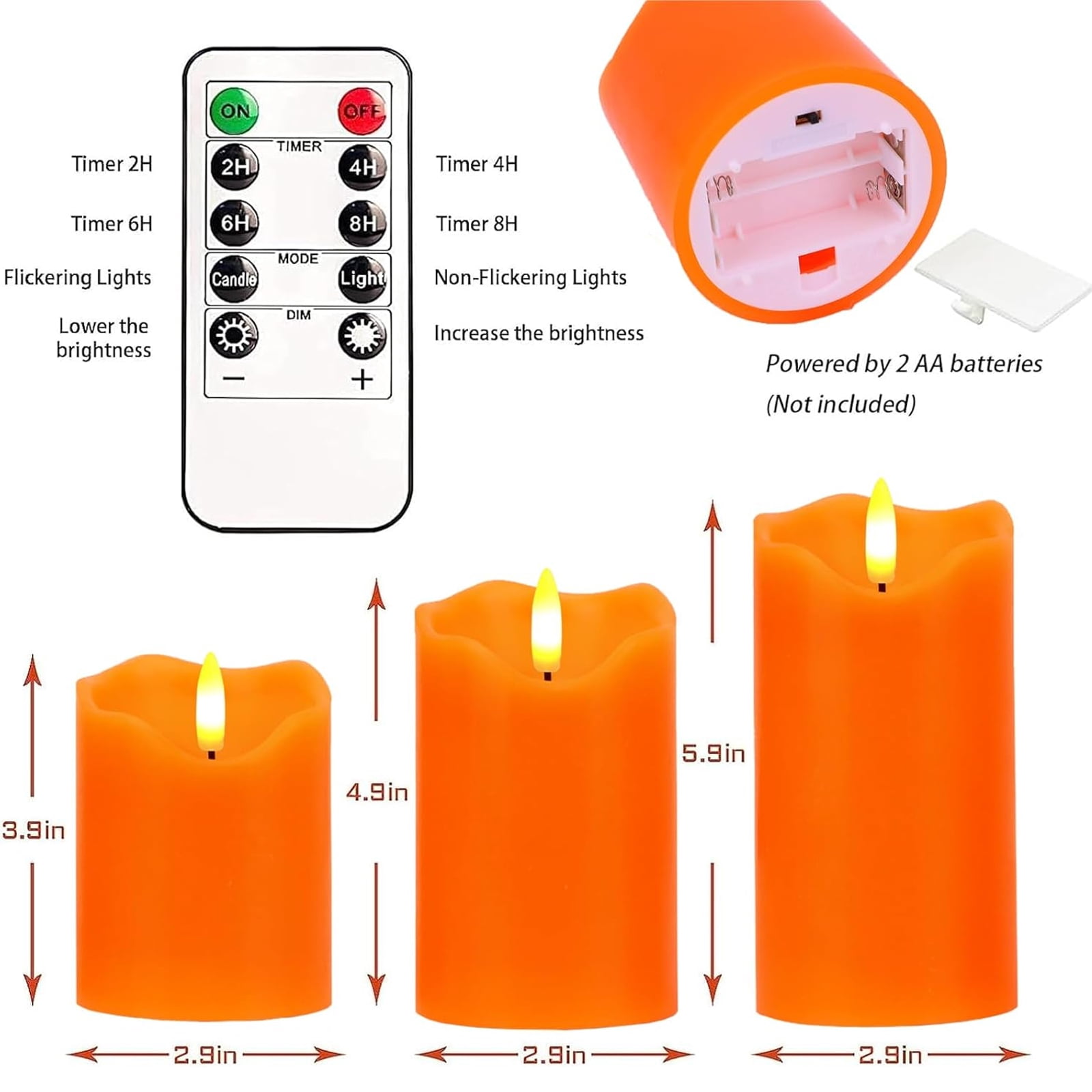 Flameless Candles Lights, Set of 3 Orange Flickering LED Candles with Remote & Timer, Dimmable LED Pillar Candles Battery Operated, Electric Candles for Fall Halloween Thanksgiving Decor