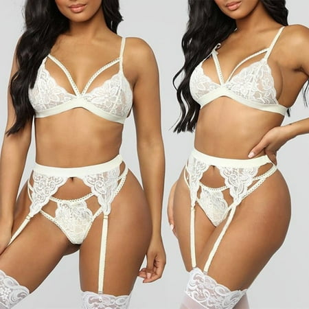 

ALSLIAO Sexy Lingerie Plus Size Women Underwear Lace Bra Panties G-String Set Thong White S