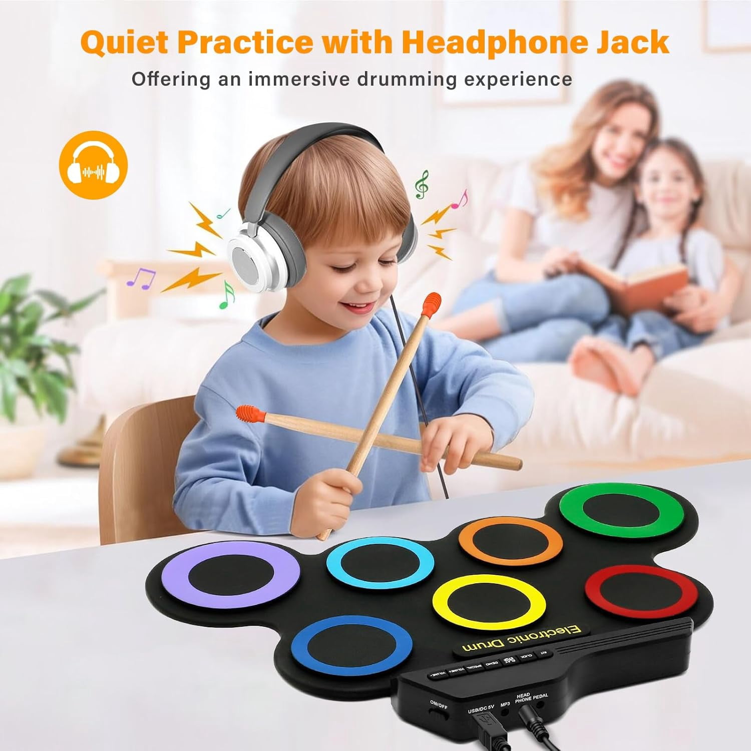 Portable Electronic Drum Set - 7 Pads Roll up Drum Practice Pad with Pedals & Stick, Jack in Drum Set Kit for Kids and Adults, Great Holiday Christmas & Birthday Gift