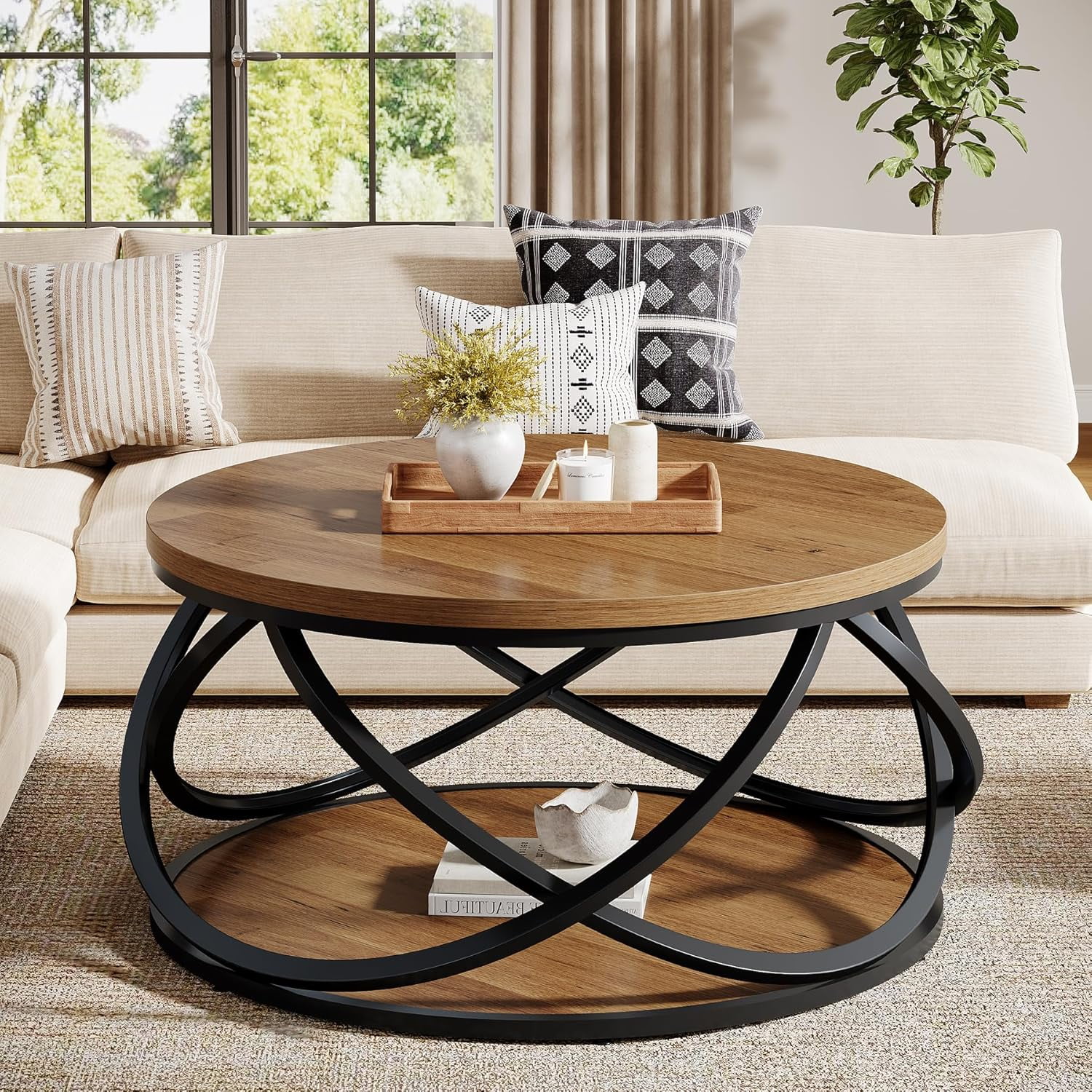 Tribesigns 31.5" Round Coffee Table, 2-Tier Circle Center Table with Metal Frame, Rustic Accent Cocktail Table for Living Room, Small Space, Brown & Black
