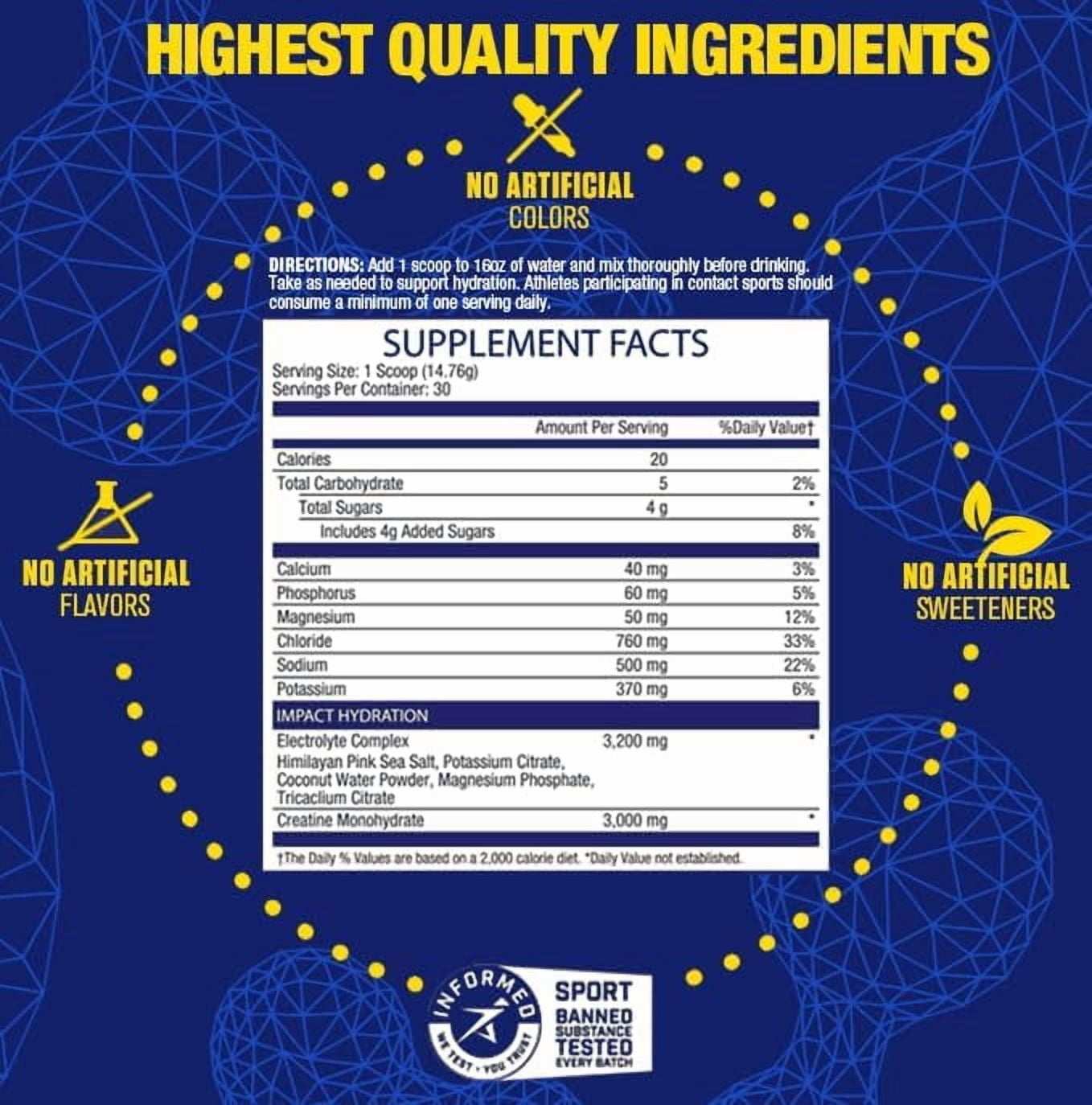 MHP Impact Hydration Electrolyte Creatine Sports Drink Mix, No Artificial Sweeteners or Colors, Performance, Recovery, Concussion Protection, Lemon Lime, 30 servings