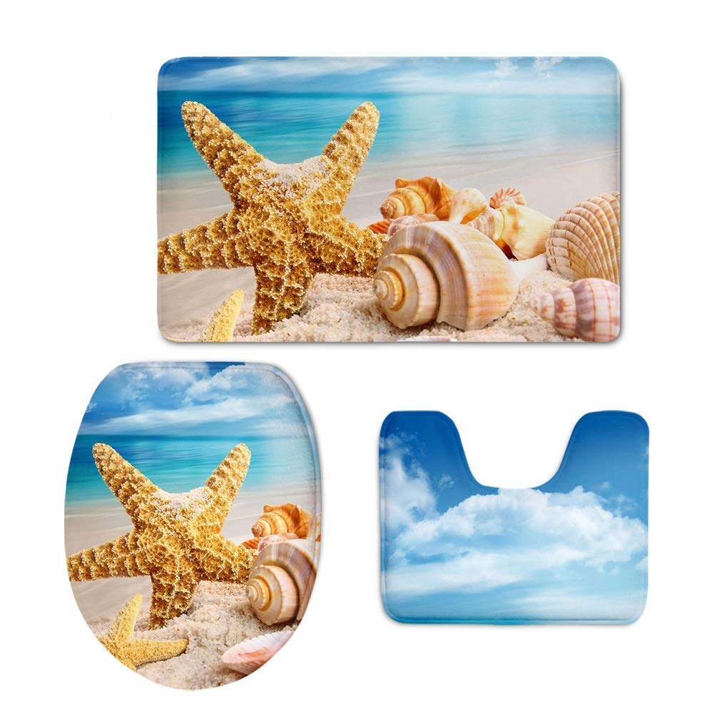 CHAPLLE Starfish Sea Shell Printed 3 Piece Bathroom Rugs Set Bath Rug