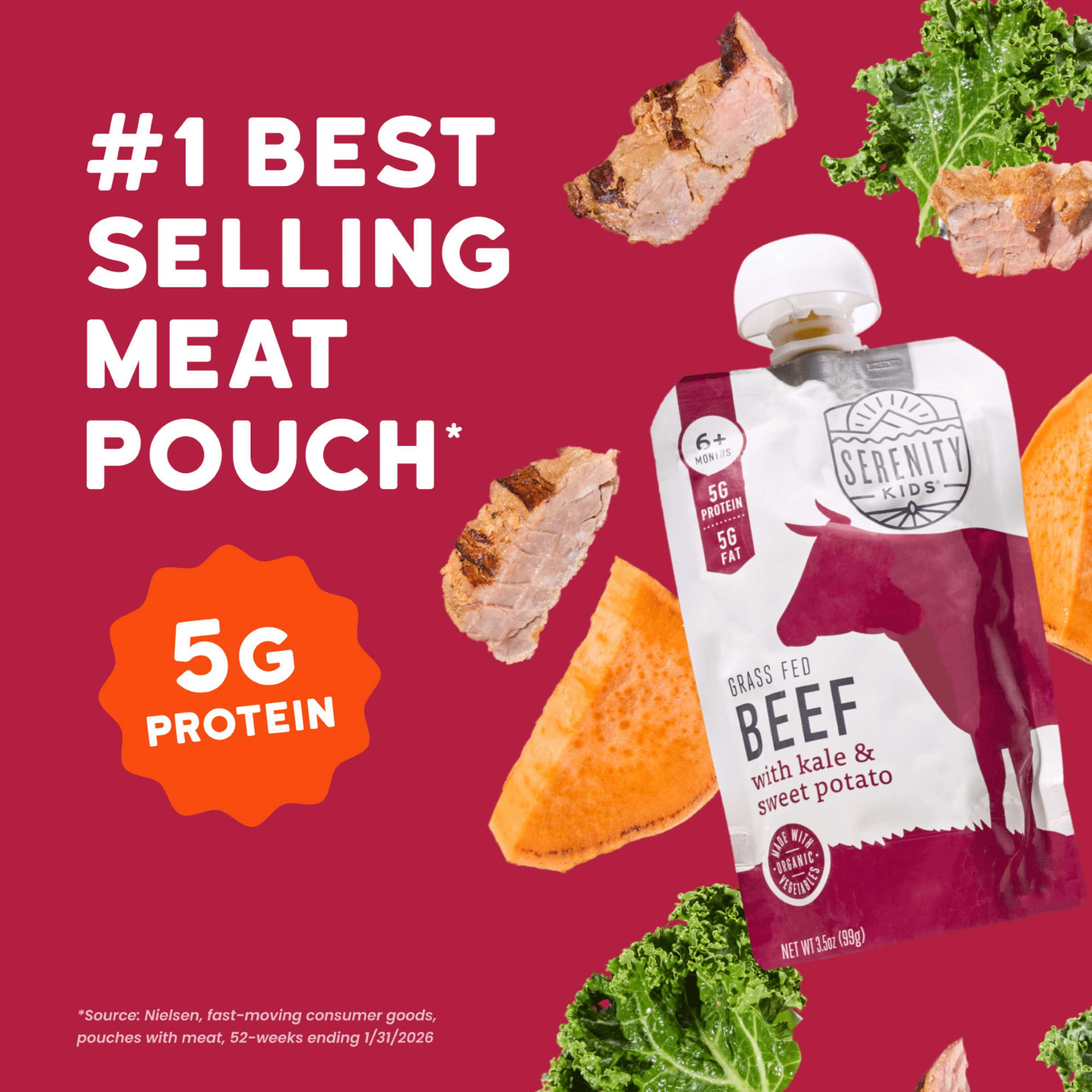 (12 pack) Serenity Kids Organic Grass Fed Beef, Kale & Sweet Potato Stage 2 Baby Food, 3.5 oz