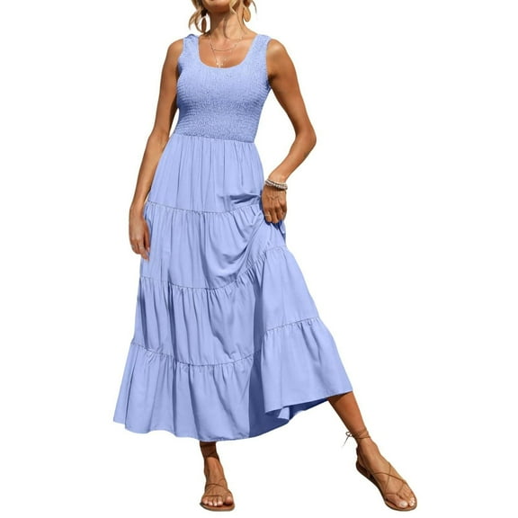 QHFBli Womens 2025 Casual Loose Plain Maxi Sundress Smocked Tank Dress Sleeveless Summer Beach Tiered Long Dresses