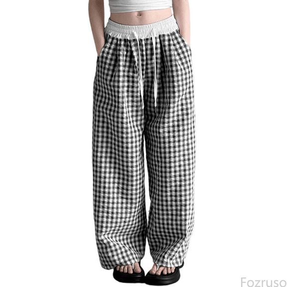 Fozruso Girls Casual Pants Girls Pants Casual Straight Leg Checkered Print Elastic Waist Comfortable Daily Wear For Kids Age 6 15 For School Outdoor Vacation Spring Summer Fall Sizes 120