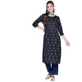 thumbnail image 1 of eloria Women's Navy Blue Pure Cotton Ethnic Motifs Print Kurta Three-Quarter Sleeves Kurti, 1 of 5