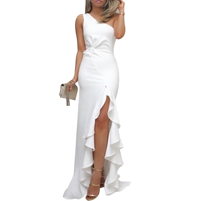 Vestido de Fiesta de División Alta Qarigey Hombro Inclinado Sin Mangas Color Sólido Blanco