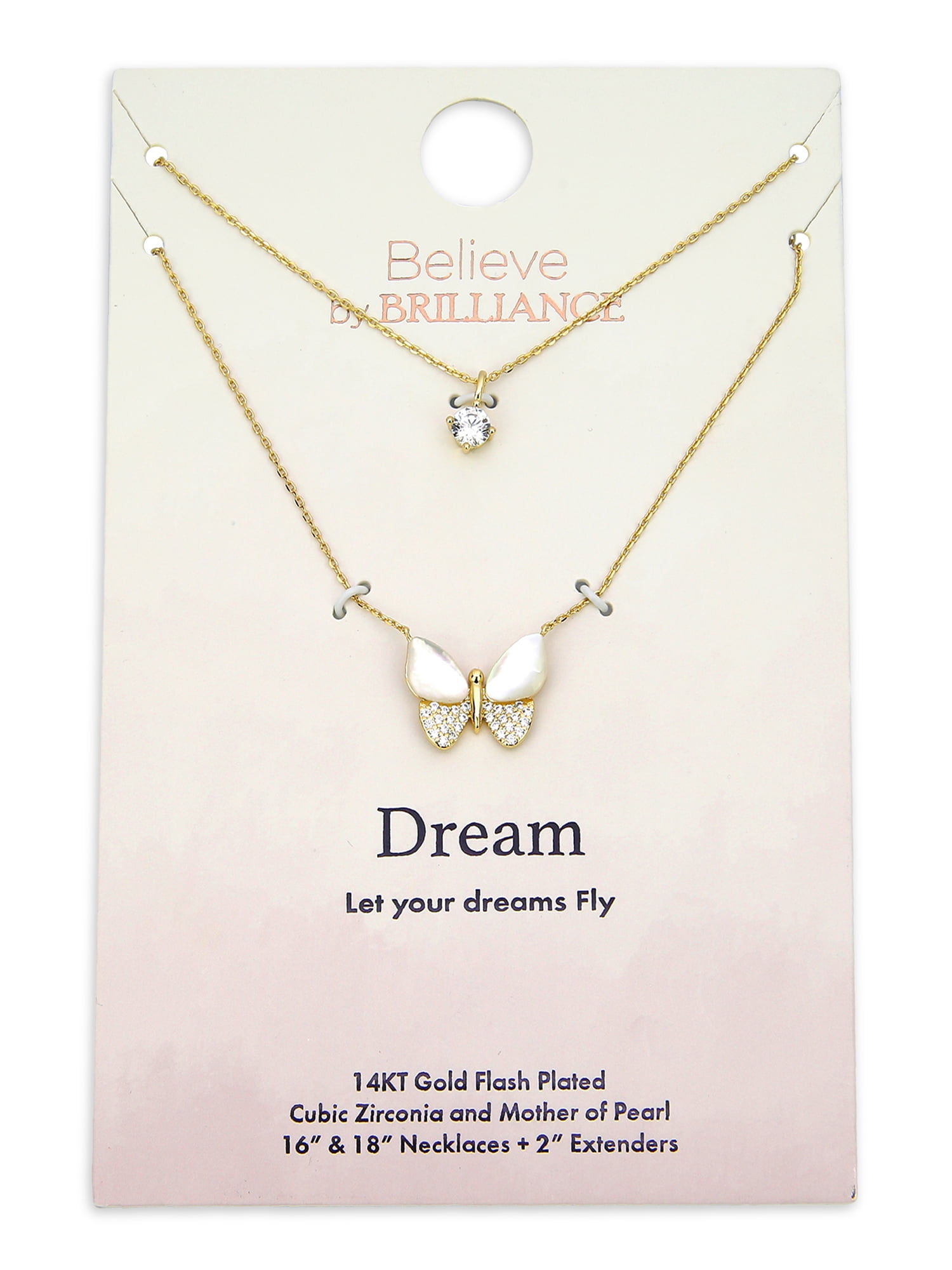 Believe by Brilliance Mother of Pearl & Cubic Zirconia Butterfly Necklaces in 14KT Gold Flash Plated