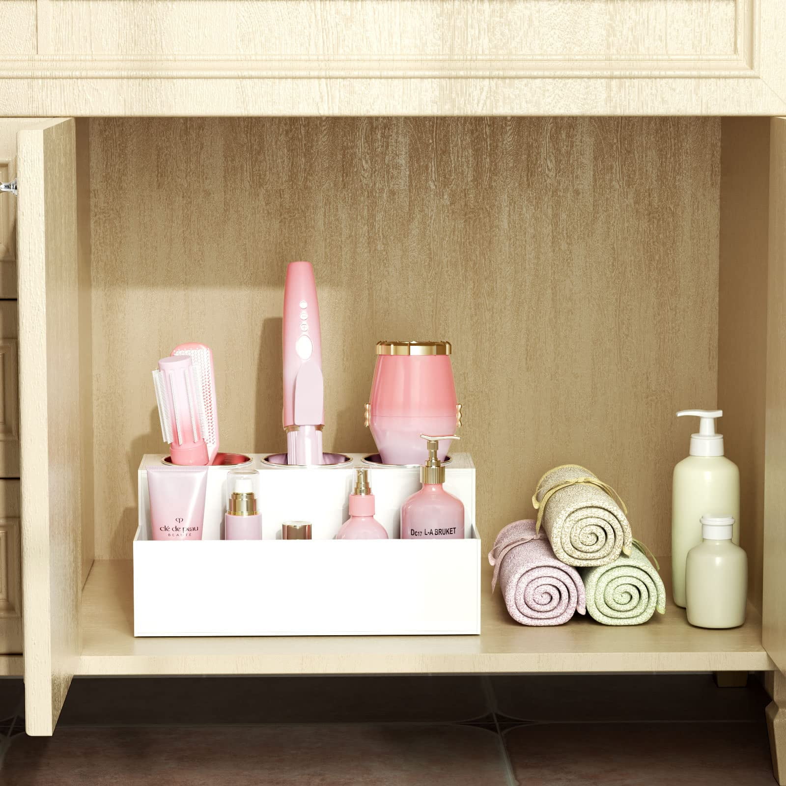 NIUBEE Hair Tool Organizer, Acrylic Hair Blow Dryer Curling Tool Holder, Bathroom Countertop Vanity Organizers and Storage Stand for Accessories, Makeup, Toiletries, White