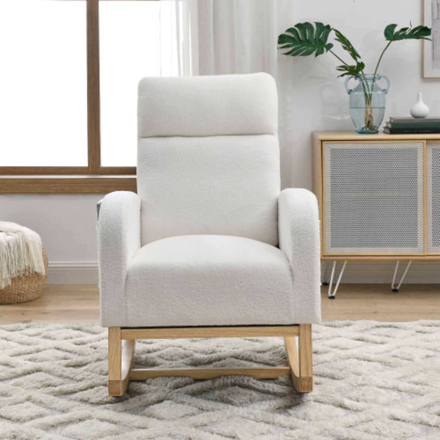 27.6"W Modern Accent High Backrest Living Room Lounge Arm Rocking Chair Two Side Pocket Teddy White Ivory