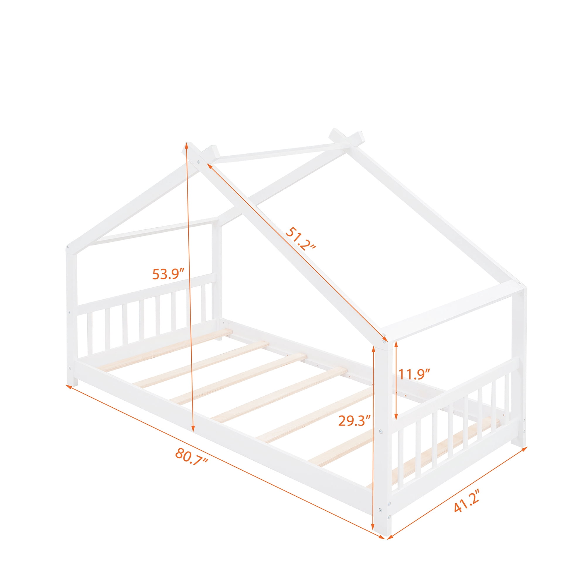Aukfa Twin Size Wood House Beds Frame - Floor Bed Twin Platform Bed for Kids Teens Bedroom - White