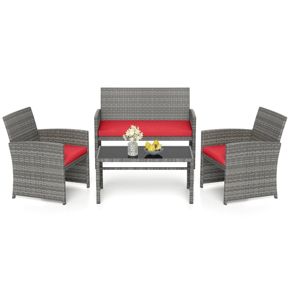 Gymax 4 Piece Patio Furniture Set Outdoor Wicker Conversation Set w/ Tempered Glass Coffee Table