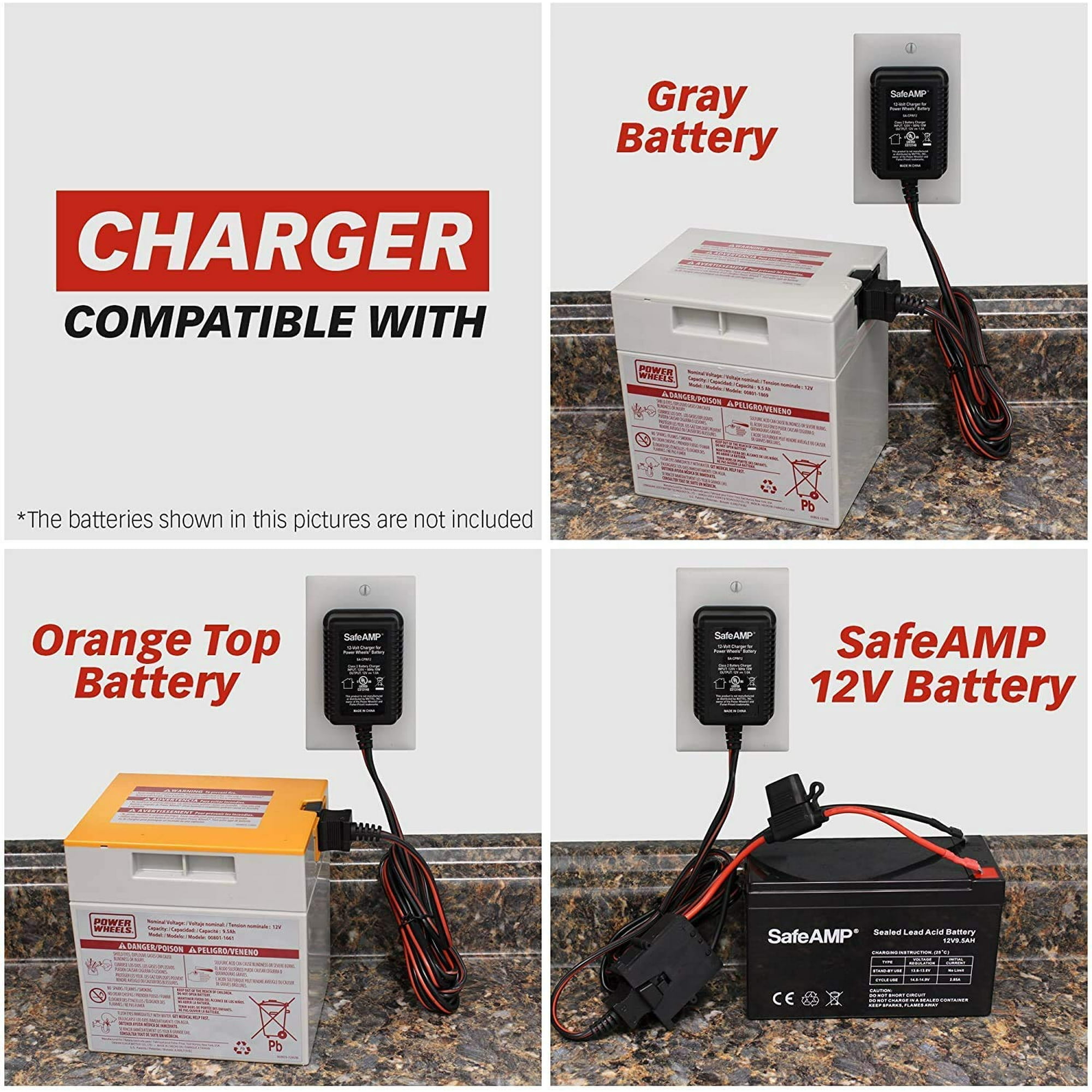 SafeAMP 12 Volt Charger for Power Wheels Gray Battery and Orange Top Battery