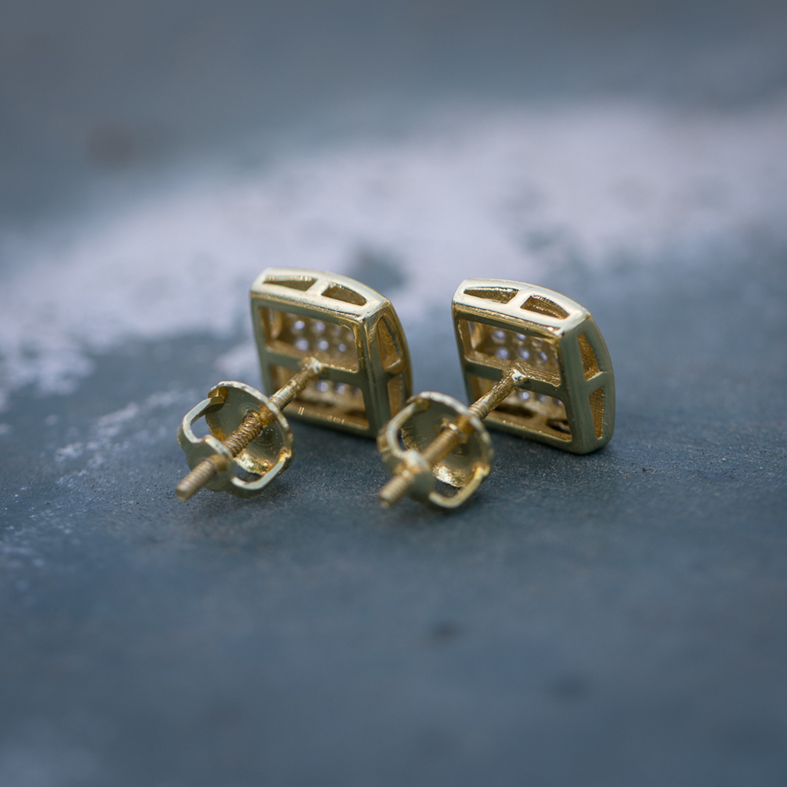Mens Small Square Iced 5A Cz Stone 14K Yellow Gold Plated 925 Sterling Silver Hypoallergenic Hip Hop Cubic Zirconia Screw Back Post Earrings