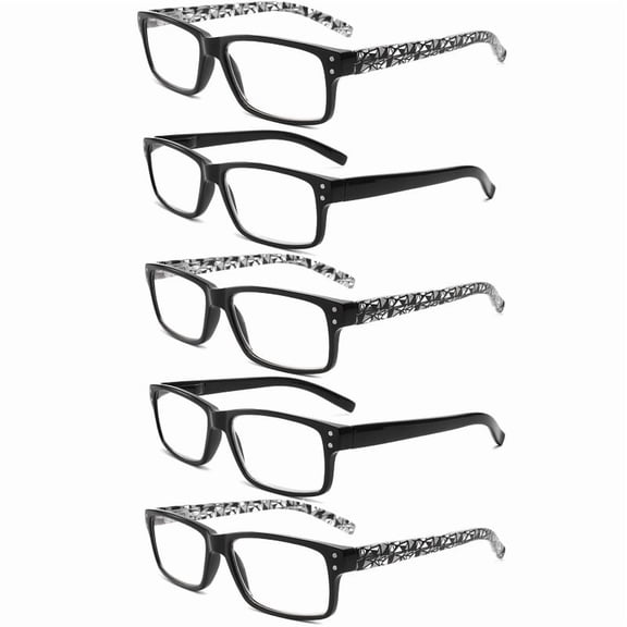 5-Pack Reading Glasses for Men women, Blue Light Blocking Readers, Spring Hinge, Black flower print, 2.0