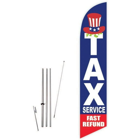 Cobb Promo Tax Service Fast Refund Blue Feather Flag with Complete 15ft Pole kit and Ground Spike