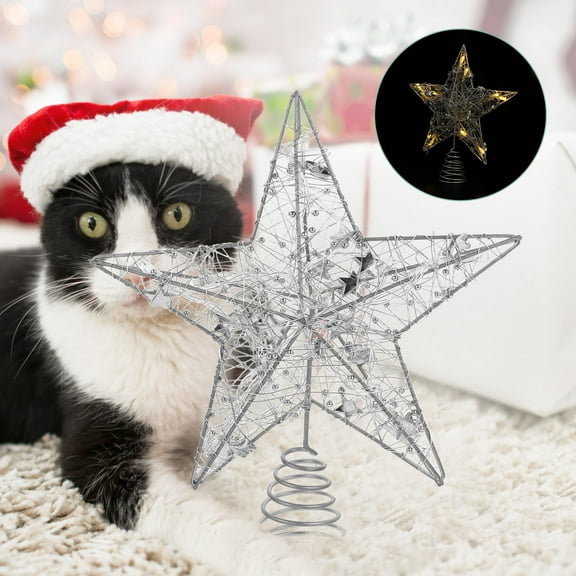 UPOUART 1Pack Christmas Tree Topper Luminous Star Silver Iron for Decorative Lighting