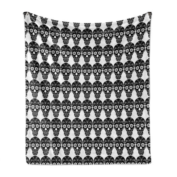 Carnival Soft Flannel Fleece Blanket, Ornamental Skull Illustrations with Floral Details Day of the Dead Theme, Cozy Plush for Indoor and Outdoor Use, 70" x 90", Charcoal Grey White, by Ambesonne