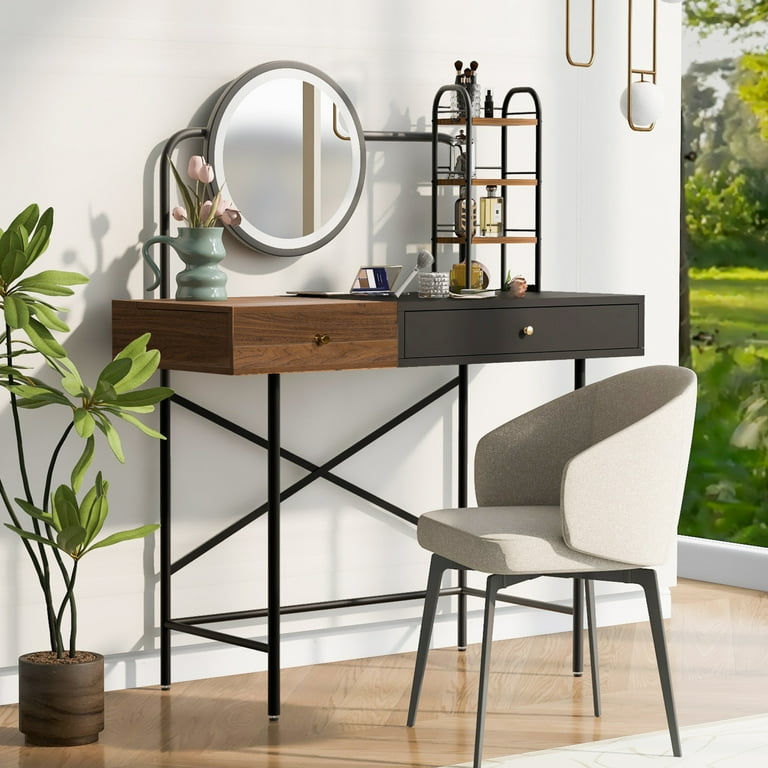 Euroco 40 inch Makeup Vanity Desk with Mirror and Lights Dressing Vanity Table with 3 Mode Lighted Mirror Wireless Charging Station 1 Drawer and 3