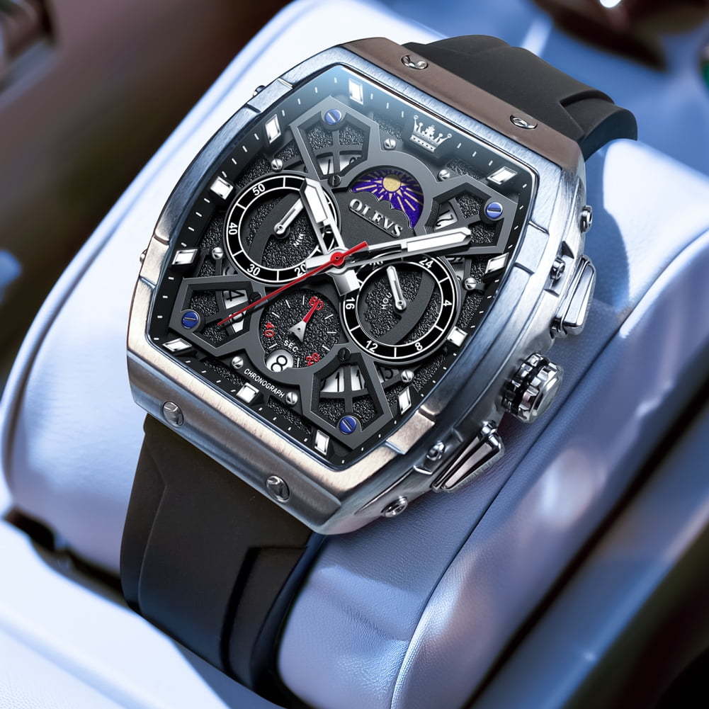 OLEVS Watches for Men Chronograph Waterproof Luxury Dress Quartz Silicon Strap Multifunction Moon Phase Calendar Luminous Men Wrist Watches Reloj Para Hombre Black/Red