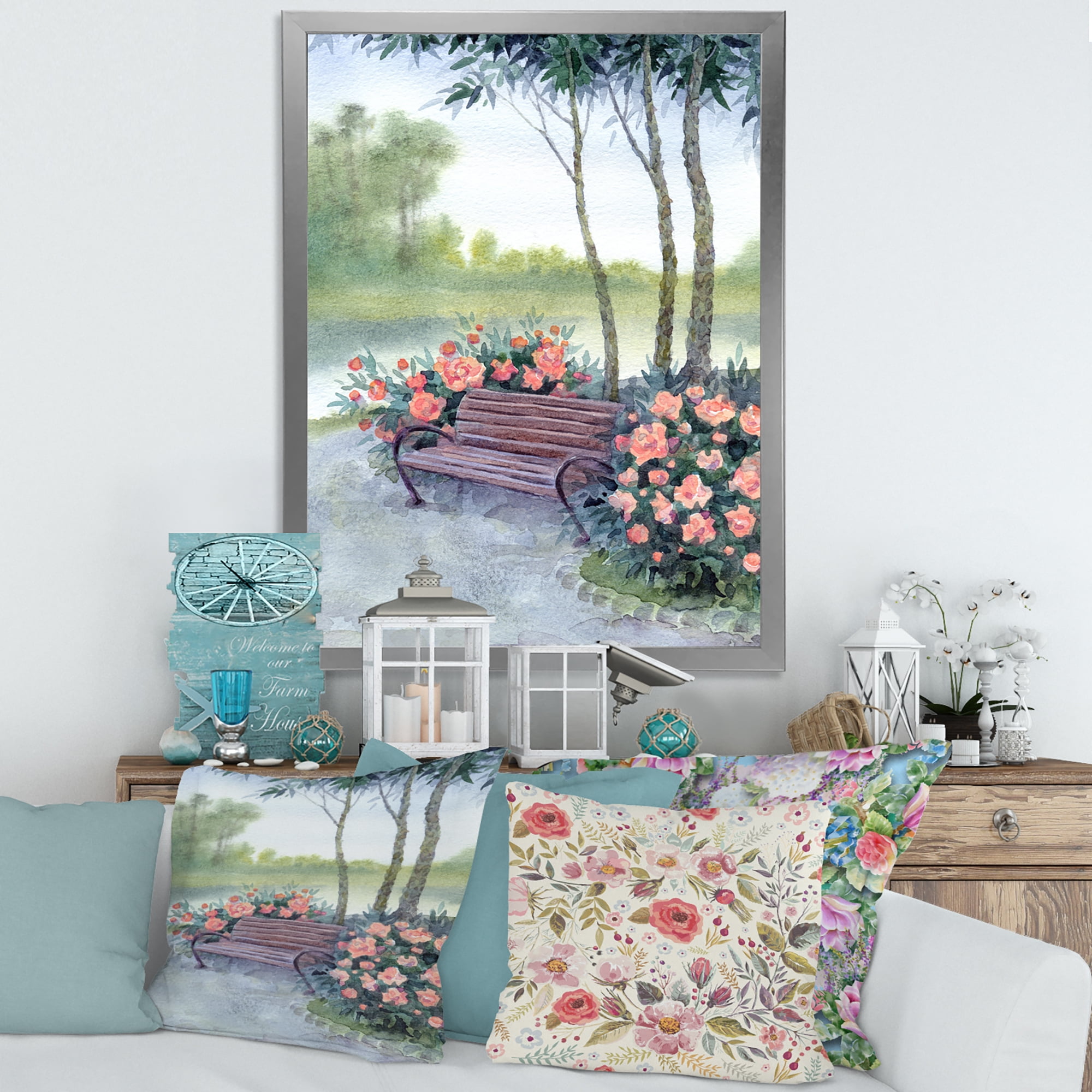 Designart 'Bench In Park By The Pions Flowers Bushes' Traditional Framed Art Print