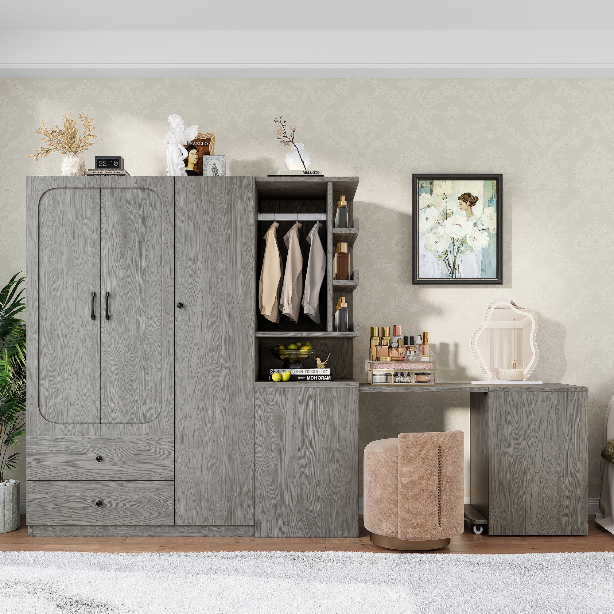 Mintazer Multifunctional Wardrobe Closet with Convertible Foldable Desk & Open Shelves, Clothes Storage Cabinet with Hanging Rod & Drawers for Bedroom Cloakroom Apartment, Gray