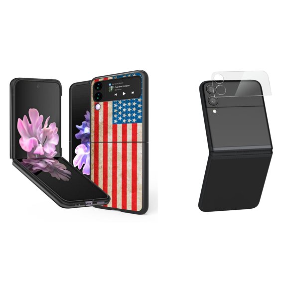 Bemz Premium Bundle for Samsung Galaxy Z Flip 3 5G: Slim Snap-On Protector Case (Vintage American Flag), Rear Camera Glass Protector