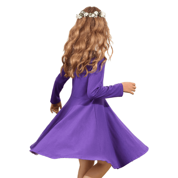 Oudiya Girls Long Sleeve Dress Kid Casual A-Line Twirly Skater Dress Solid Loose Swing Soft Cotton Purple for 7-8Y
