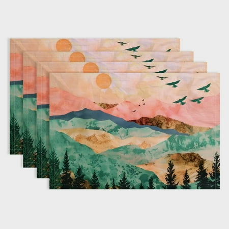 

Shiartex Mountains Trees Birds Linen Table Placemat Set of 4 for Dining - Washable Insulated Heat-Resistant - Ideal for Parties Restaurants Home Decor 18x12in