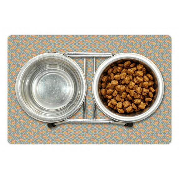 Cactus Pet Mat for Food and Water, Abstract Exotic Plant Rounds Pattern on Argyle, Non-Slip Rubber Mat for Dogs and Cats, 18" X 12", by Ambesonne