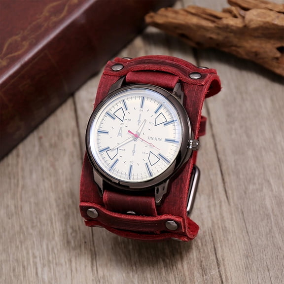 Reloj de pulsera Yinane de cuero genuino para hombres rojo retro