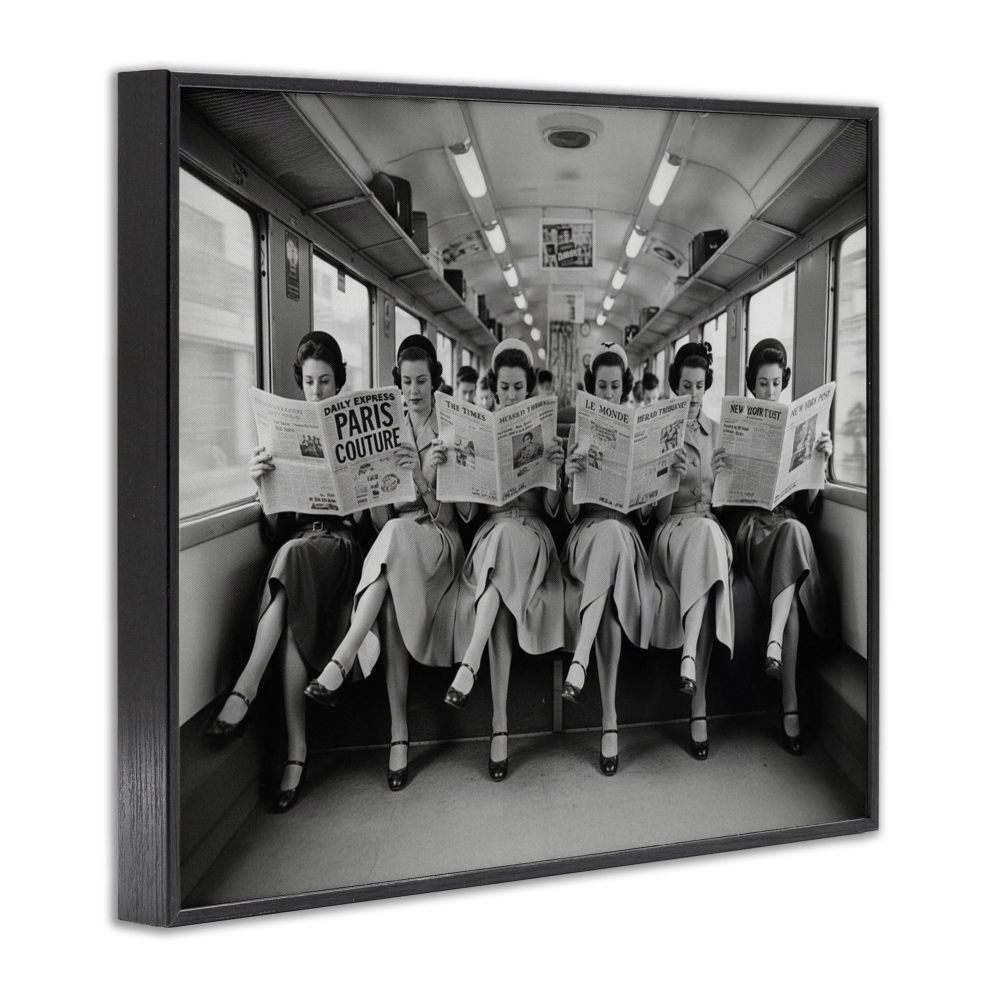 Stupell Industries Newsprint Ladies on Train Black Framed Giclee Art, design by A Barefoot Stylist