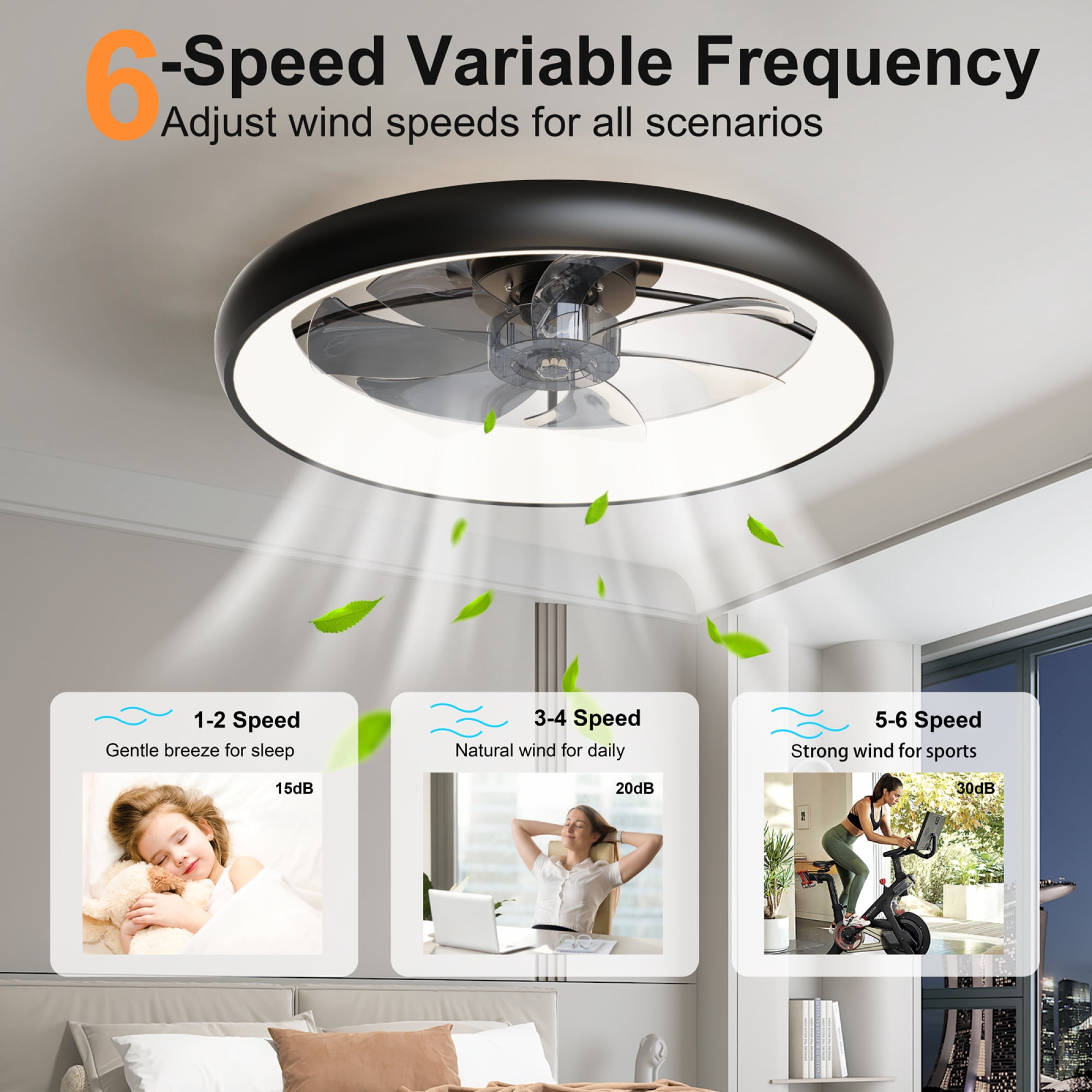 Leumius 24.4" Black Ultra-Thin Ceiling Fan with Light, 6-Speed Reversible Fandelier, 3-Color Temp Dimmable, Remote & APP Control, Silent Motor for Large Rooms Living Areas