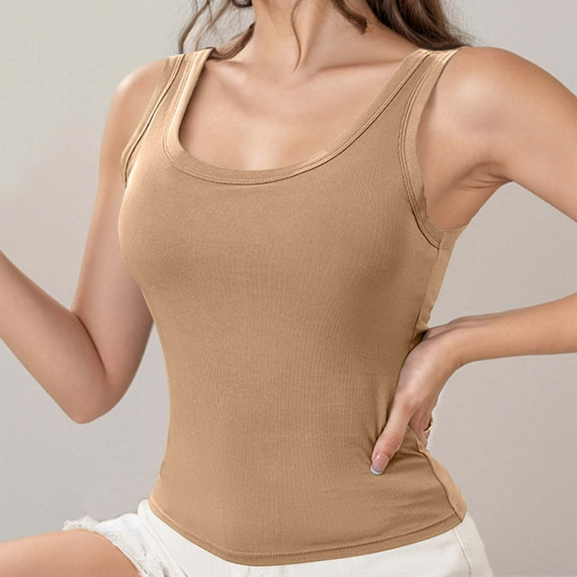 RXIRUCGD Haut de sous-Vêtements Sans Manches pour Femme, Couleur Unie, Col en U avec Coussinet de Poitrine, en Maille ( Kaki, Taille : L )