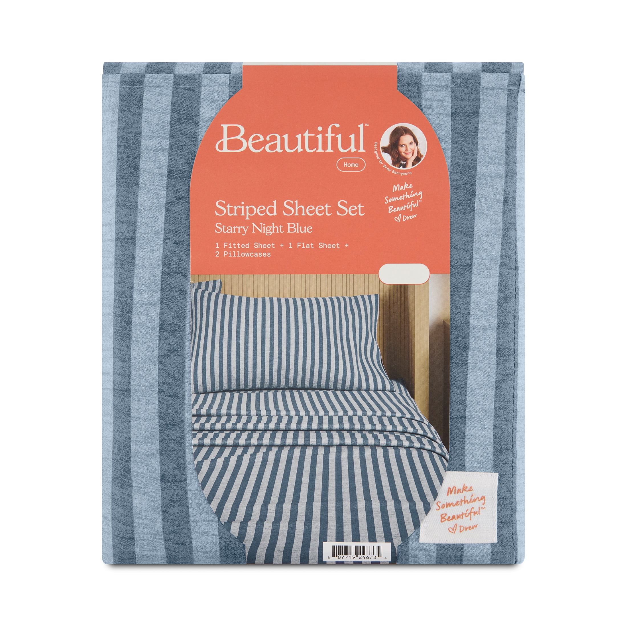 Beautiful Striped 4-Piece 100% Cotton Washed Percale Starry Night Blue Sheet Set, Queen by Drew Barrymore