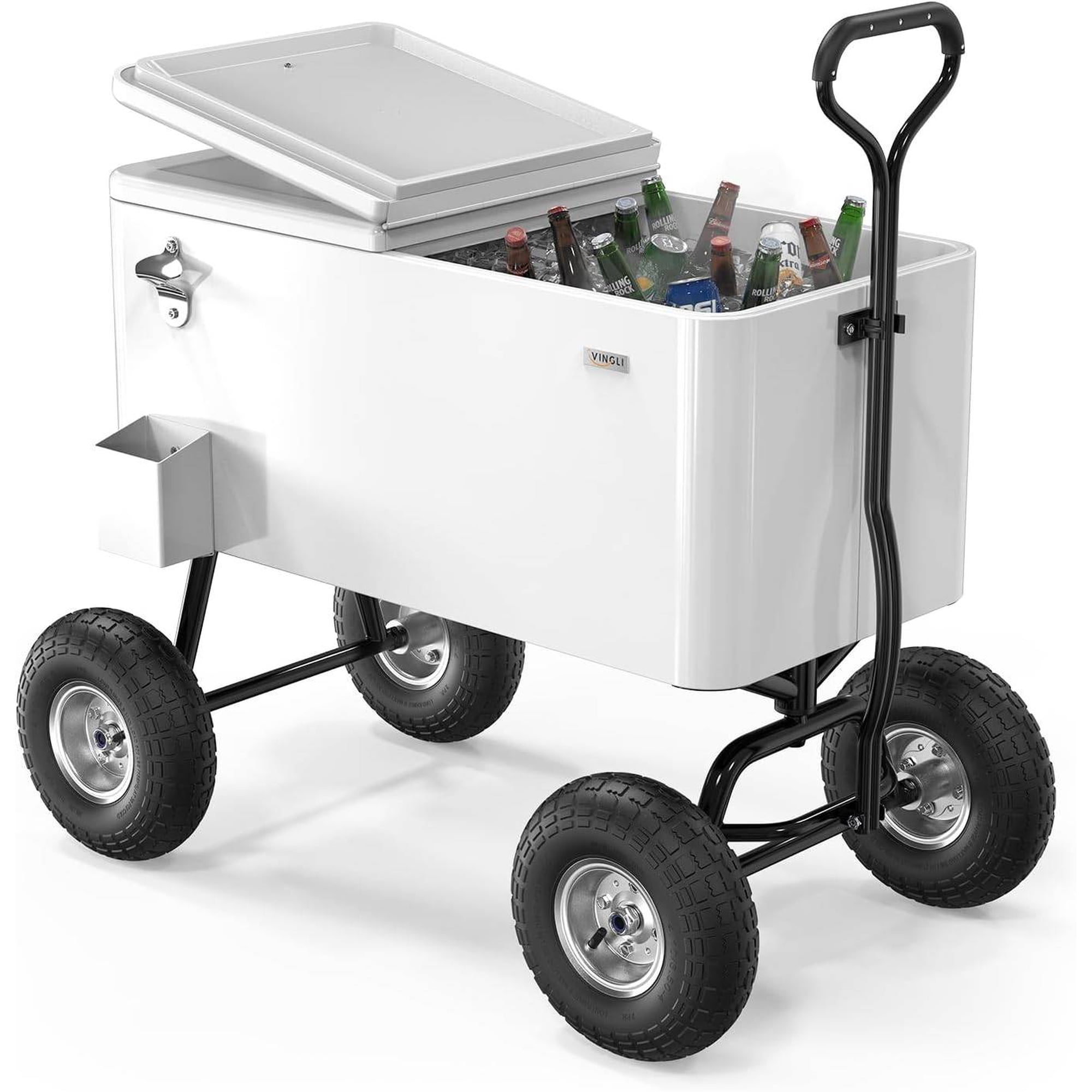 80 Quart Rolling Cooler with 10 Wheels Long Handle Split Lid & Opener &ndash; Portable Outdoor Beach Patio Party Cart