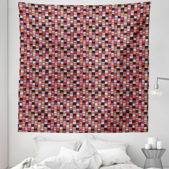 Cobblestone Tapestry, Patchwork Style Tribal Bricks of Polka Dot Stripes and Zigzag Pattern Squares, Fabric Wall Hanging Decor for Bedroom Living Room Dorm, 5 Sizes, Multicolor, by Ambesonne