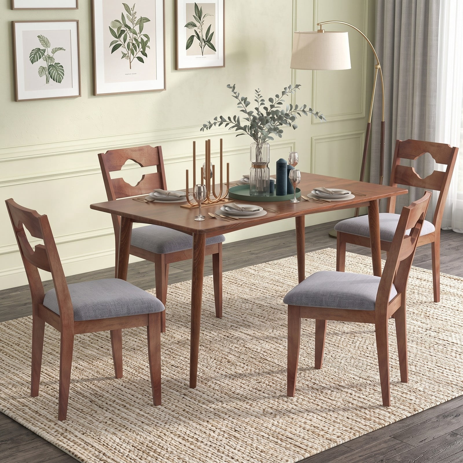 Furnibear Dining Chair Set of 2, Fabric Upholstered Kitchen Chairs with Padded Seat, High Curved Backrest and Solid Rubber Wood Legs for Dining Room, Brown and Gray