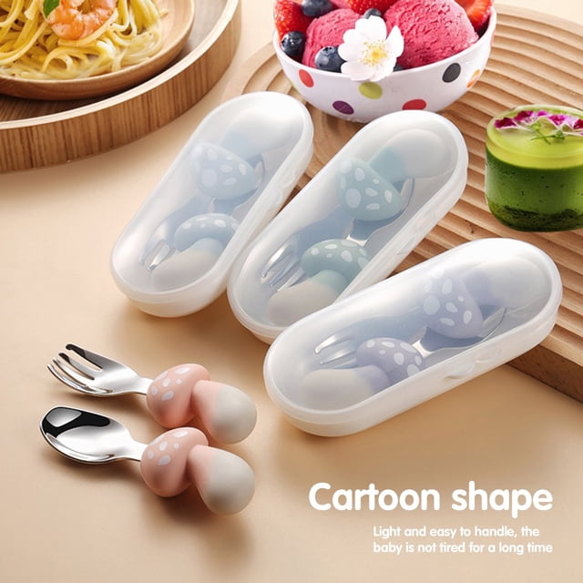 1 Set Kids Tableware Set Drop Resistant One-piece Moulding Learn to Eat Stainless Steel Mushroom Shape Spoon Fork Set Dining Room Supply