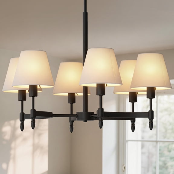 YANSUN 26.8 in 6-Light Black Metal Country Chandelier Farmhouse Candle Style Chandeliers with Fabric Shade for Dining Room, Living Room, Kitchen Island, Bedroom, E12