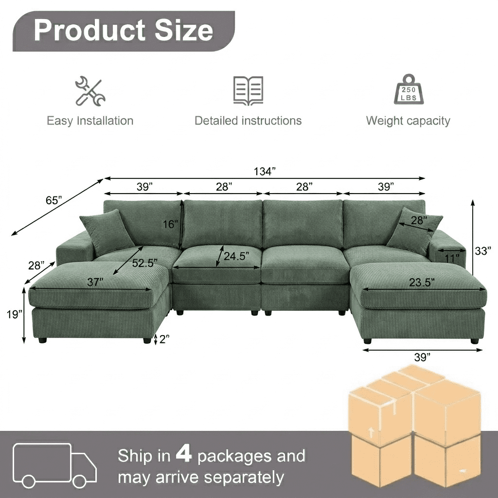 Howcool Cloud Couch Modular Sectional Sofa 6 Seat 134" U Shaped Convertible Couch Corduroy Thick Cushion with 2 Storage Ottomans and Toss Pillows Washable Removable Cover for Living Room,Dark Green