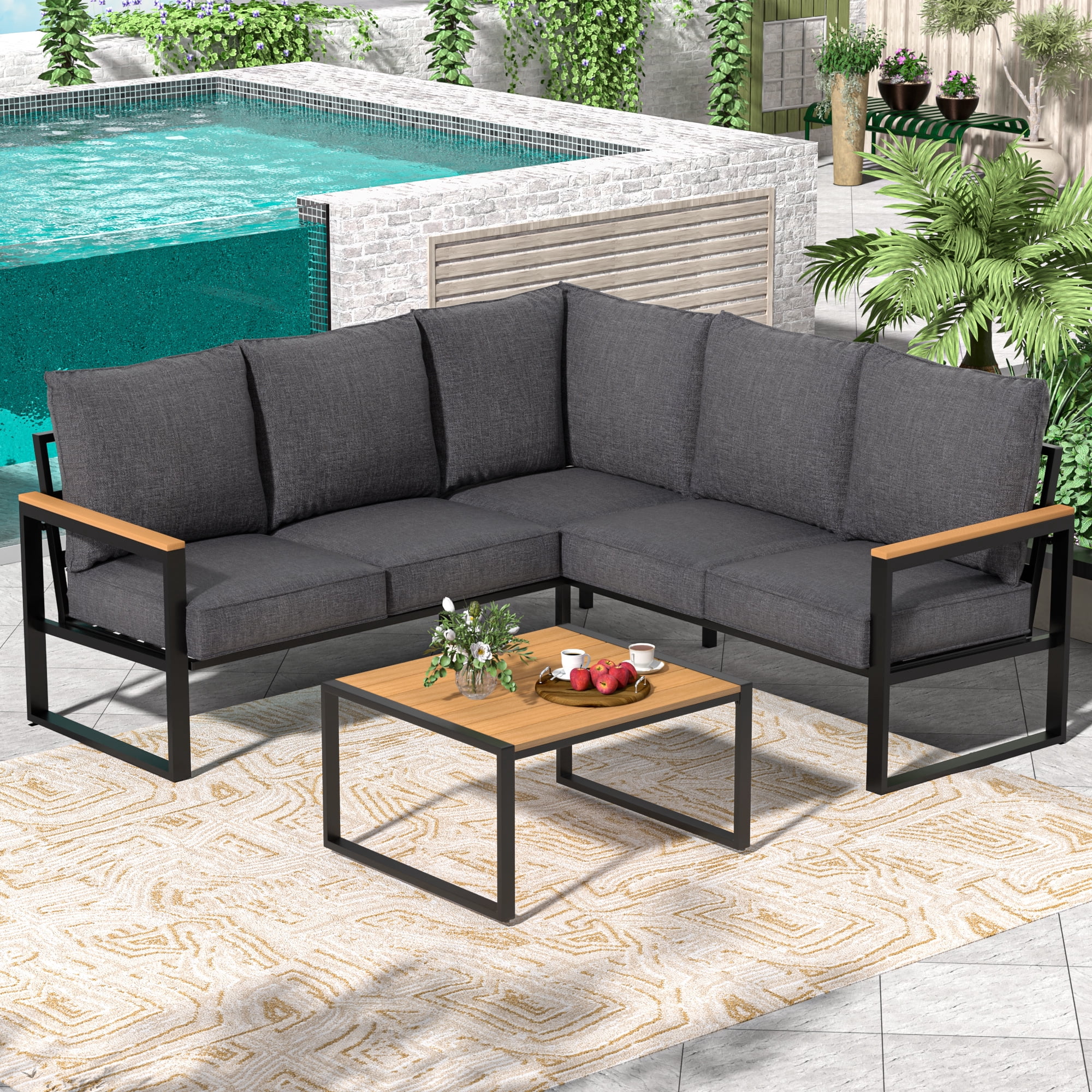 COMLAX FIELD Patio Furniture Set, 6-Piece Outdoor Sectional Sofa Set, L Shape Patio Conversation Set, Outdoor Couch with Coffee Table