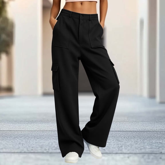 BRELIL Women's High Waisted Cargo Pants Wide Leg Loose Long Trousers with Pockets Solid Casual Streetwear Party Outfits, Black 2XL